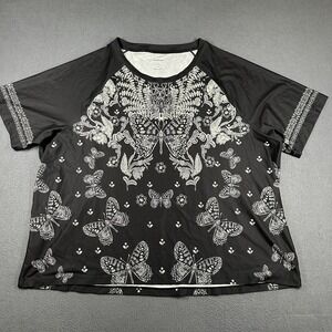 Johnny Was Bee Active Shirt Womens XXL Black Butterfly Floral Raglan Stretch Tee
